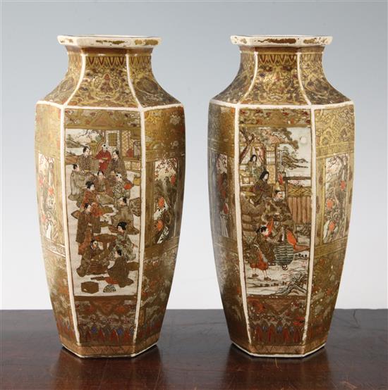 A pair of Japanese Satsuma pottery hexagonal baluster vases, Meiji period, 24cm